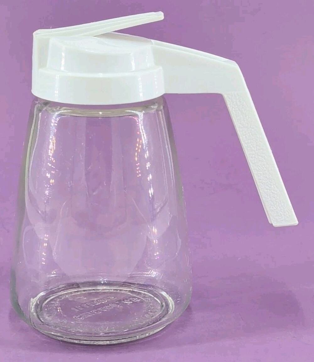 Vintage Federal Housewares Glass W/White Lid Handle Syrup Sugar Dispenser Jar